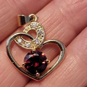 Gold Heart Pendant with Deep Red Garnet-Style Stone